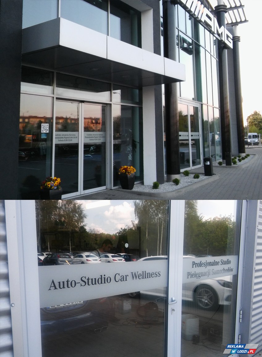 Dla salonu Auto-Studio Mercedes wykonaliśmy oklejenie drzwi wewnętrznych i zewnętrznych folią mrożoną z naniesionymi plotowanymi literami.