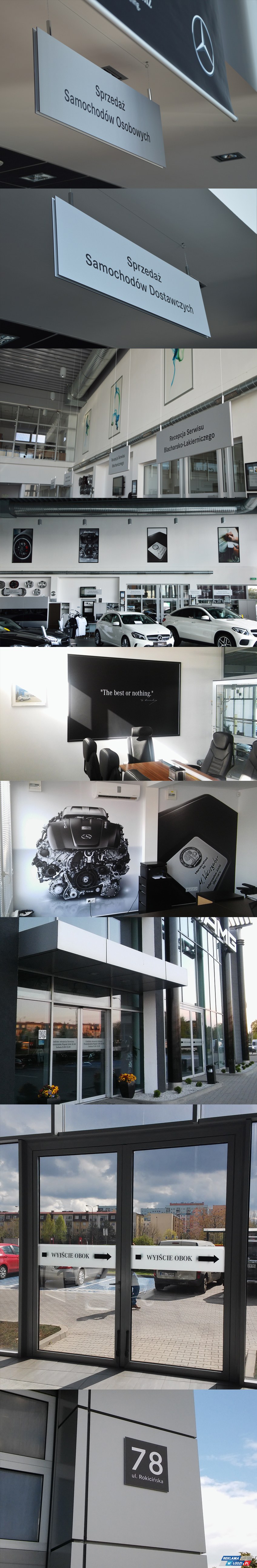 Dla Auto Studio Mercedes Benz wykonaliśmy i zamontowaliśmy kompletny system oznakowania zewnętrznego i wewnętrznego, który obejmował m.in. oznakowanie stanowisk i działów w budynku, oznakowania kierunkowe i informacyjne na szybach, fototapety i grafiki na ścianach i szyldy na elewacji budynku.